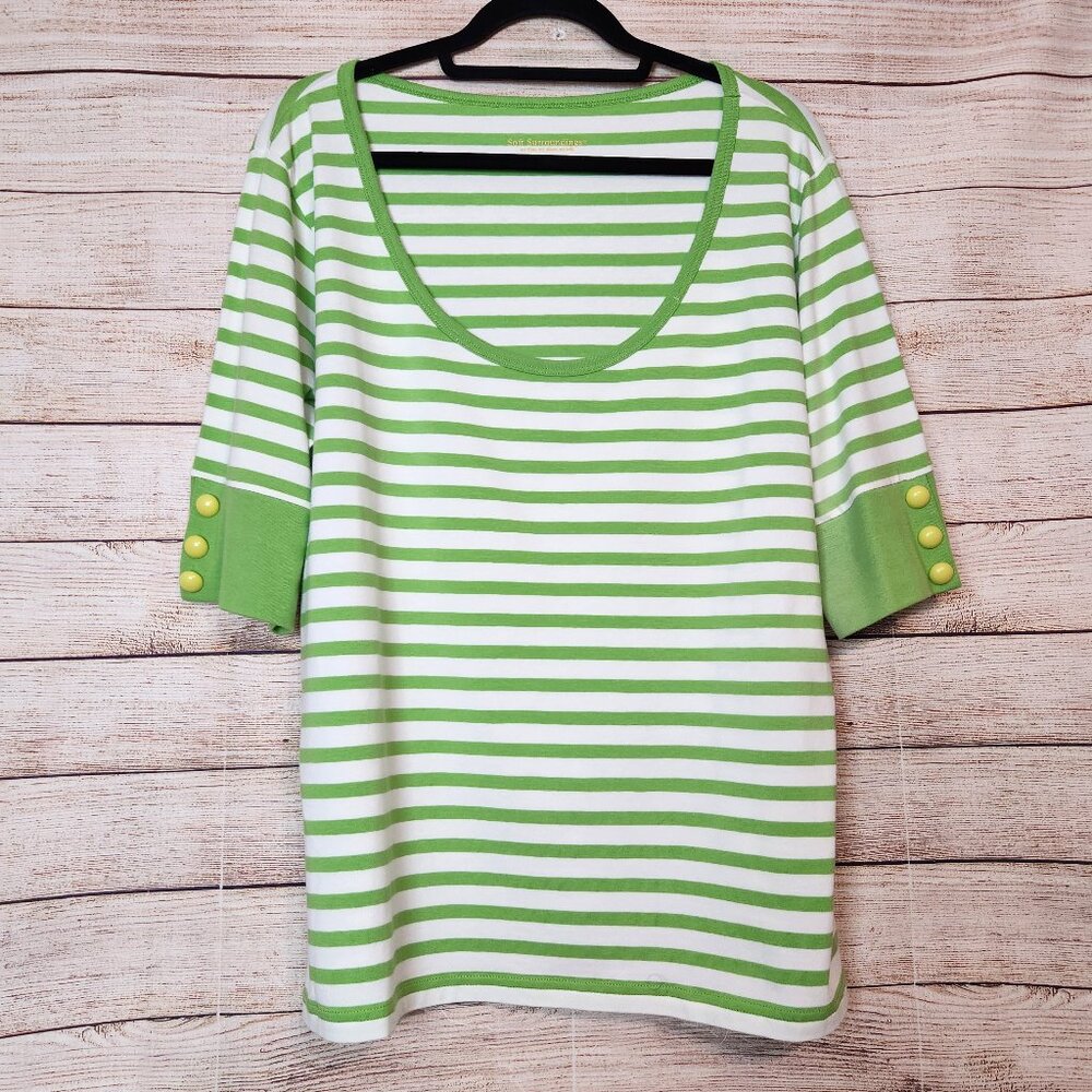 Soft Surroundings 2X Green White Striped Cotton Elastane Short Sleeve Top NWOT